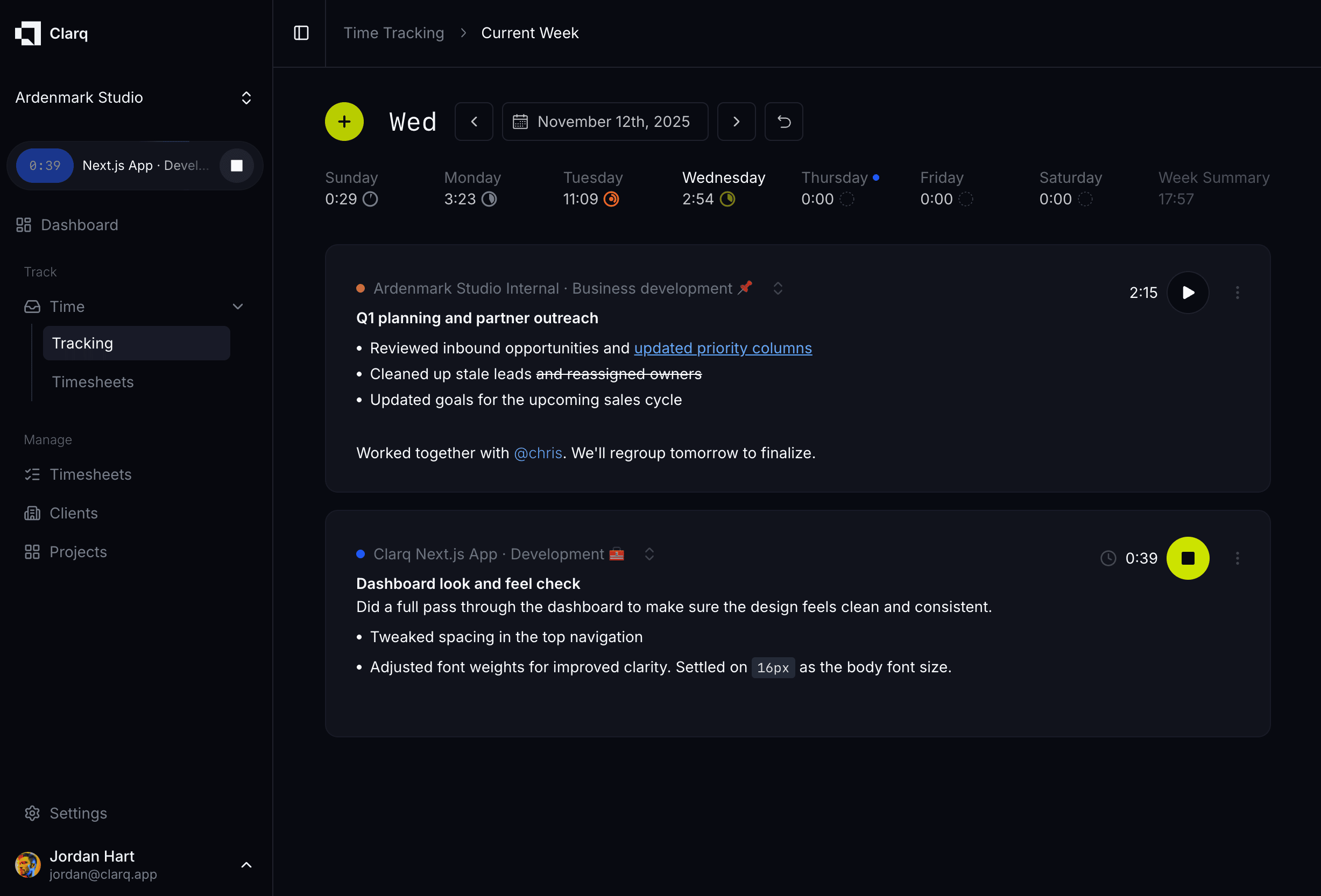 Clarq time tracking interface