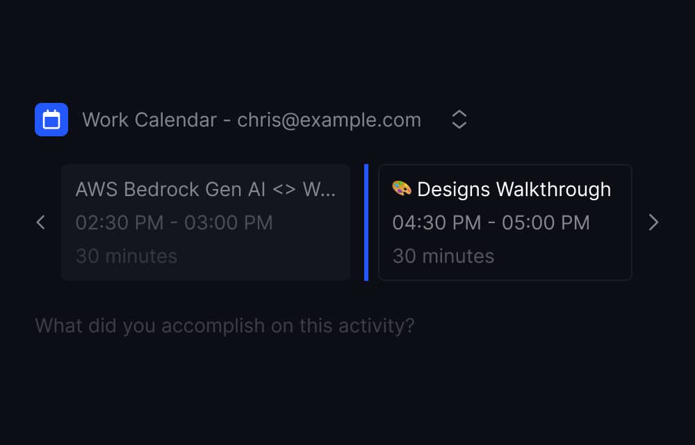 Clarq calendar events list inside time tracking