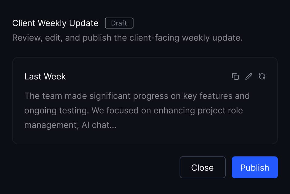 Client weekly update editor with publish controls