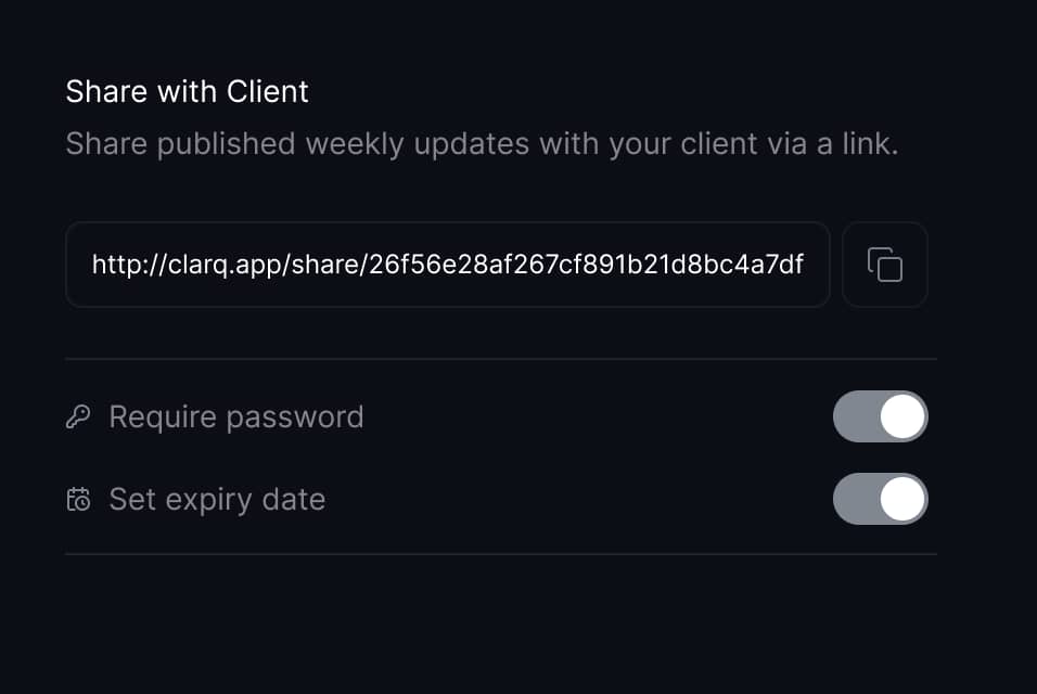 Client update page with weekly updates and progress bar