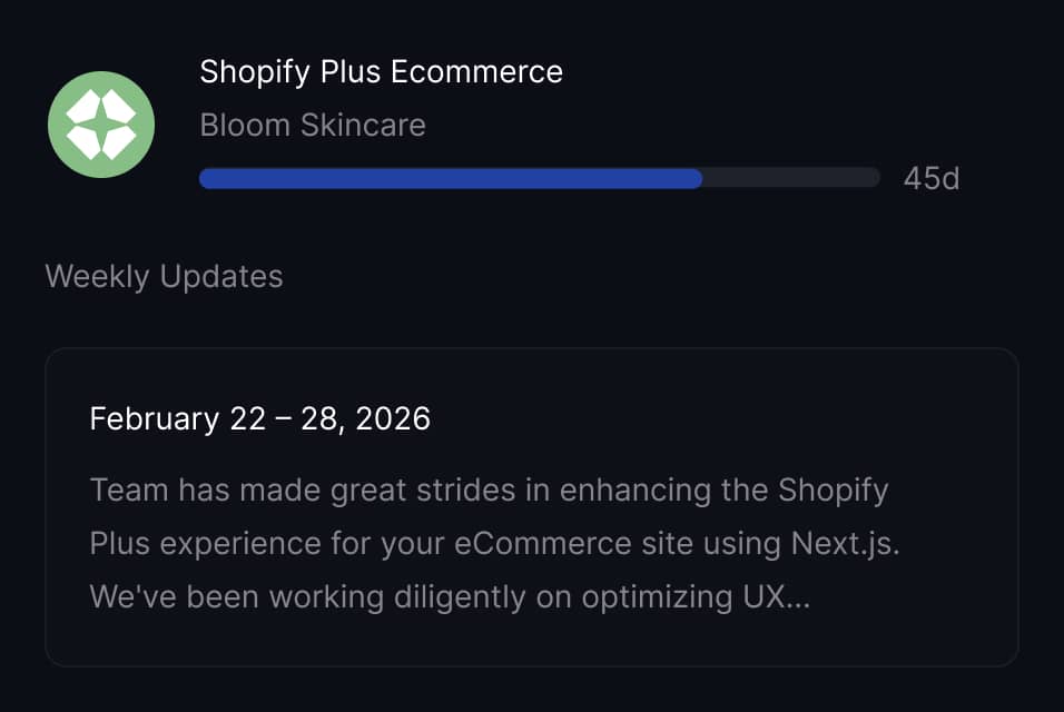 Public client share page with progress bar and weekly updates